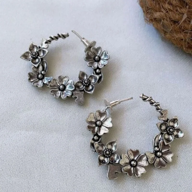 elegant drop earrings -Bevy Pearls Oxidised Plated Floral Hoop Earrings