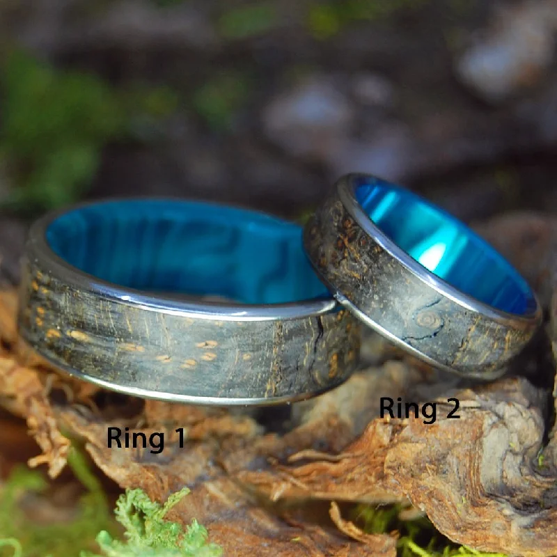 personalized wedding rings -Black Wood Chrysocolla Forest |  Black Box Elder Wood - Titanium & Wood Wedding Ring