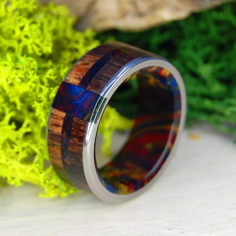 elegant rings for women -Vegas Nights | Men's Lava Burst Resin, Koa Wood & Titanium Wedding Ring