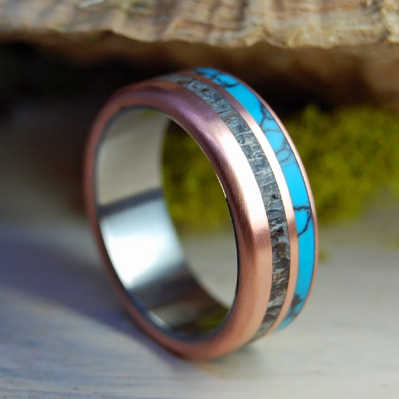 custom rings for women -Copper Moose | Men's Copper, Turquoise, Moose Antler & Titanium Wedding Ring