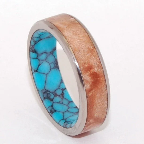 custom rings for women -Conifer | Men's Maple Wood, Turquoise & Titanium Wedding Ring