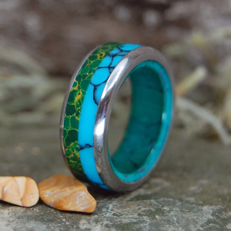 boho style rings for women -Stoned Me To My Soul | Men's Egyptian Jade, Imperial Jade, Arizona Turquoise & Titanium Wedding Ring