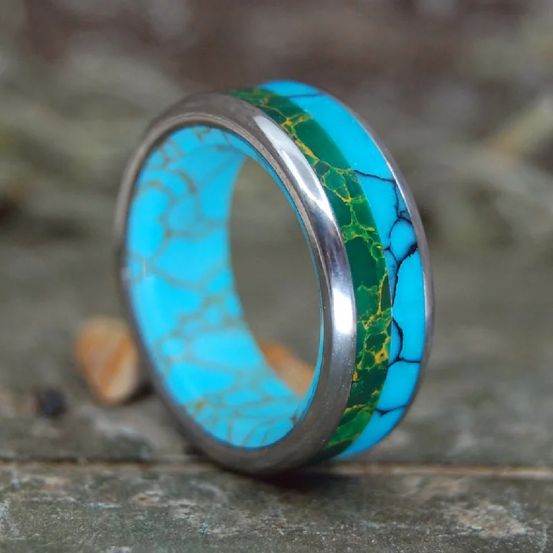 chic rings for women -Still Soul | Men's Egyptian Jade, Tibetan Turquoise, Arizona Turquoise & Titanium Wedding Ring