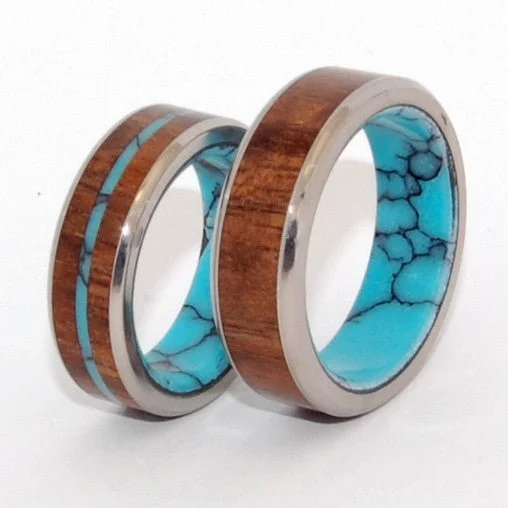 classic wedding rings -Let There Be | Turquoise Stone, Hawaiian Koa Wood & Titanium - Unique Wedding Ring Set