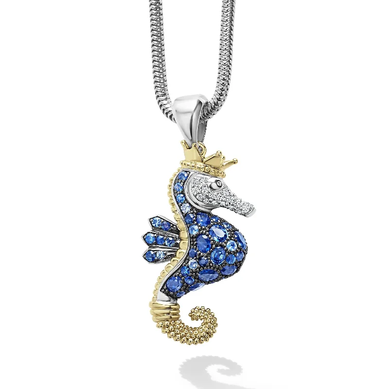 engraved necklaces for gifts -Rare Wonders Blue Sapphire and Diamond Seahorse Pendant Necklace