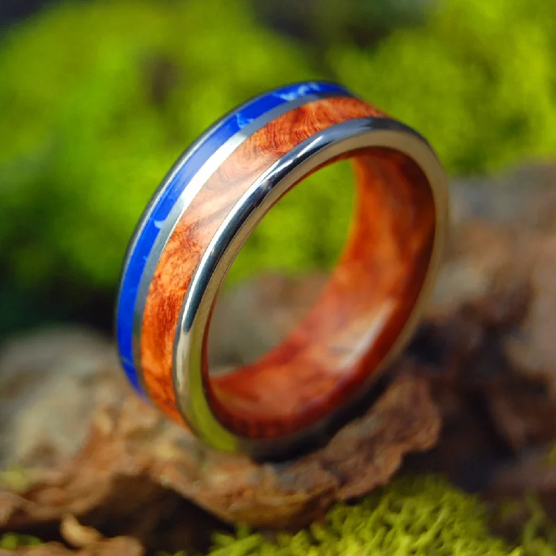 wedding rings with diamonds -Twilight | Men's Amboyna Burl Wood, Sodalite Stone & Titanium Wedding Ring