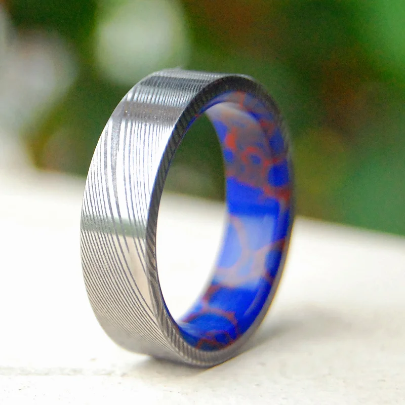 statement rings with jewels -Passionate Vortex | Men's Damascus Steel, Damasteel, Blue Jasper Stone & Titanium Wedding Ring