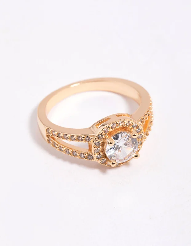 bridal engagement rings -Gold Plated Cubic Zirconia Halo Ring