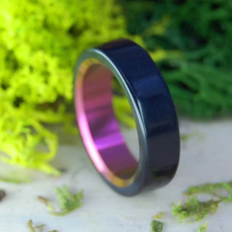 wedding rings for brides -Othello's Blushing | Men's Onyx Stone, Pink Anodized Titanium & Titanium Wedding Ring