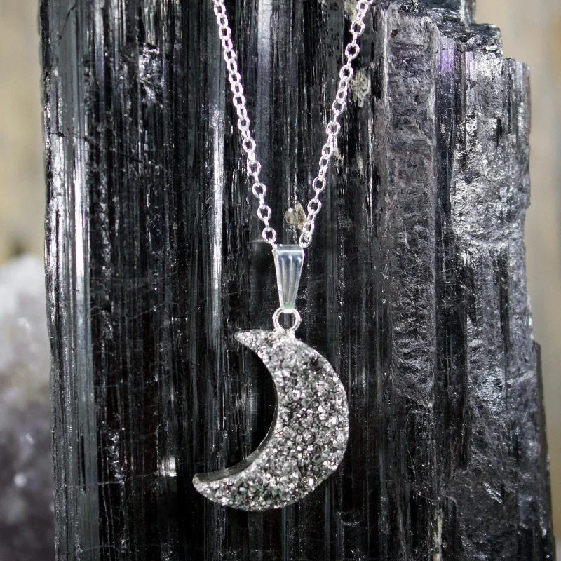 elegant moonstone necklaces -Silver Druzy Moon Necklace