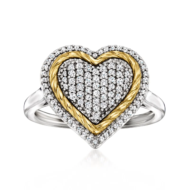 engagement rings with emerald-cut diamonds -Ross-Simons Pave Diamond Roped Heart Ring in Sterling Silver With 14kt Yellow Gold