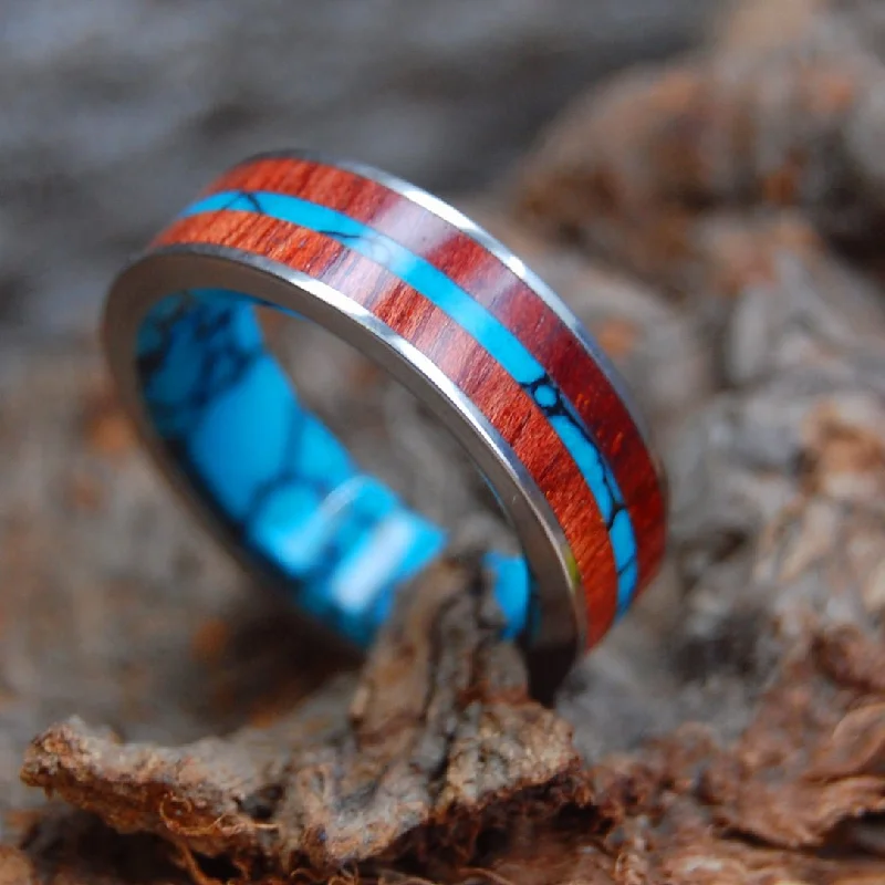 gemstone-studded wedding rings -Flat In The Midst Of The Waters | Men's Bloodwood, Turquoise & Titanium Wedding Ring