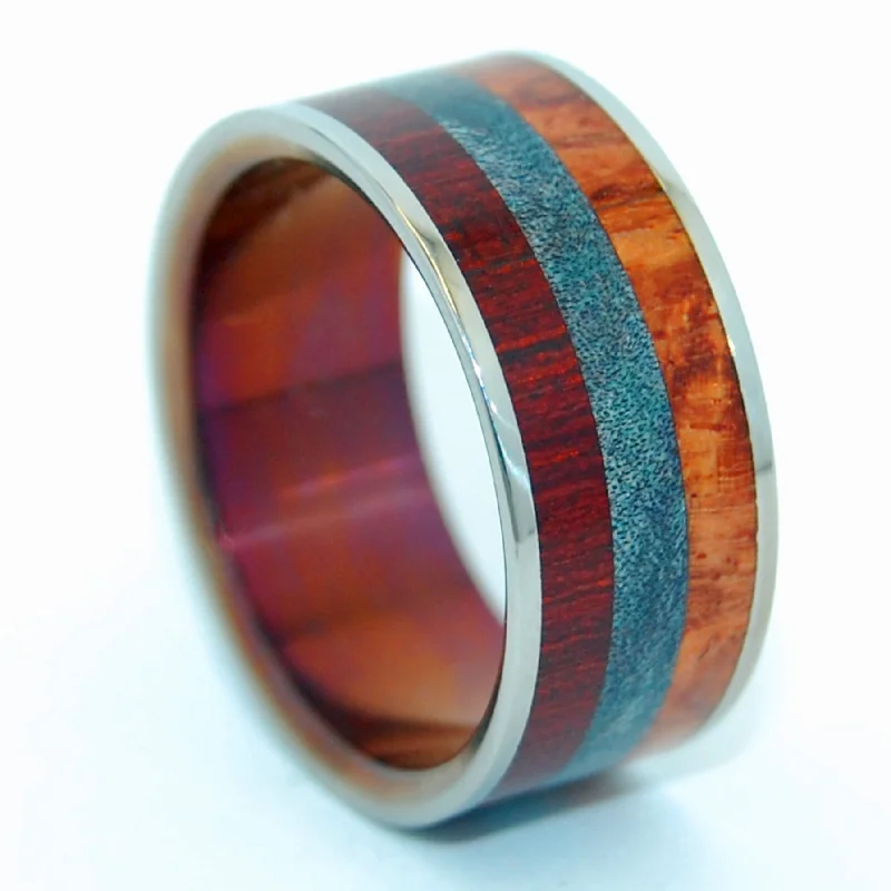 silver engagement rings for women -Hayastan Motherland Armenia | Men's Bloodwood, Blue Maple Burl, Amboyna & Titanium Wedding Ring