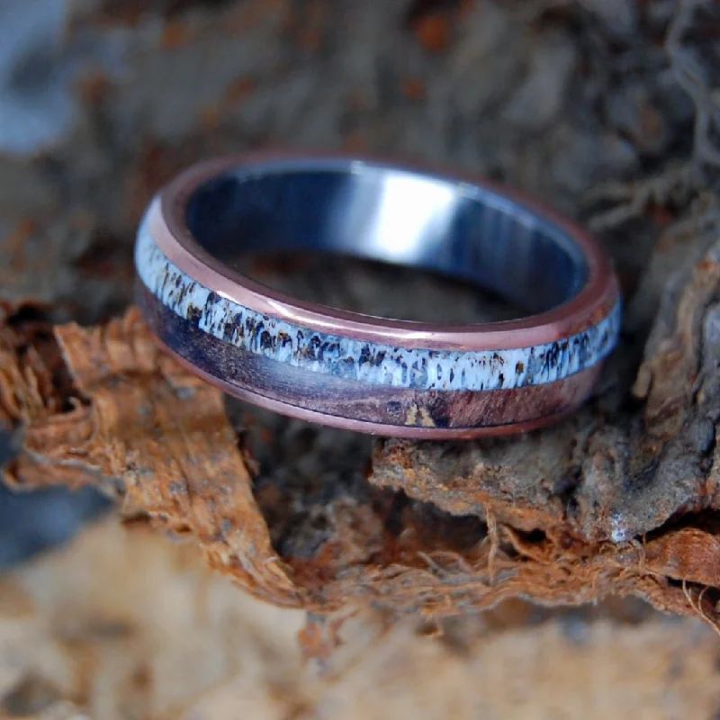 women’s stackable gold rings -Moose Under Maple | Men's Antler, Dark Maple Wood & Titanium Wedding Ring