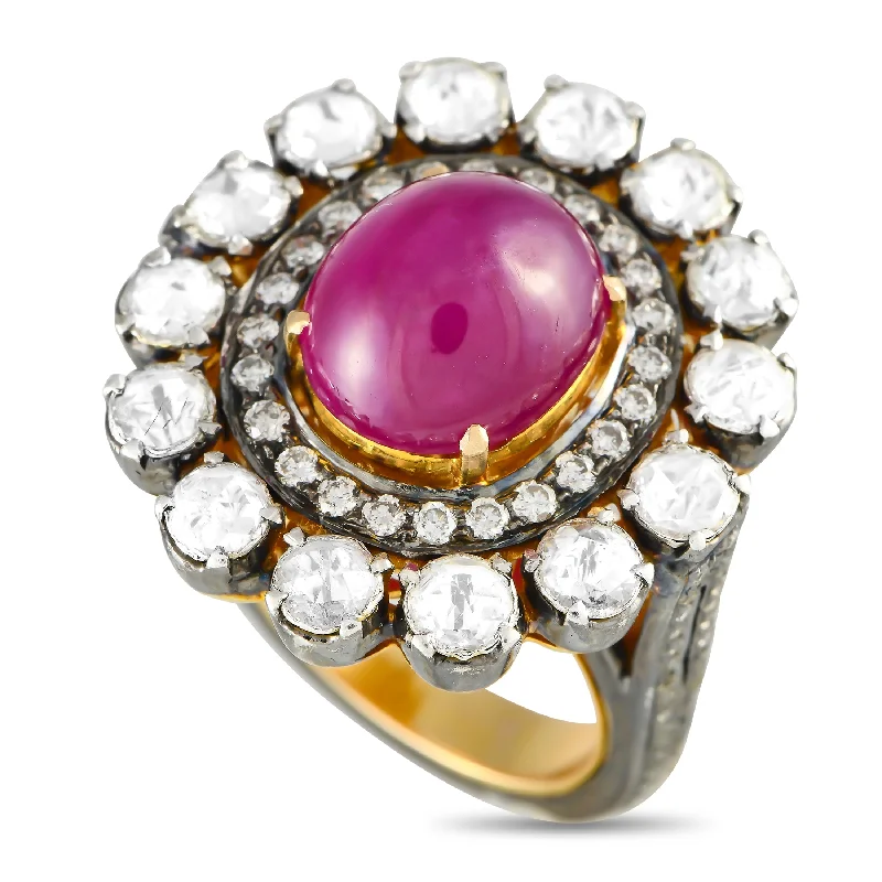 radiant cut engagement rings -LB Exclusive 18K Yellow Gold, Silver 2.50ct Diamond and Ruby Ring MF16-122024