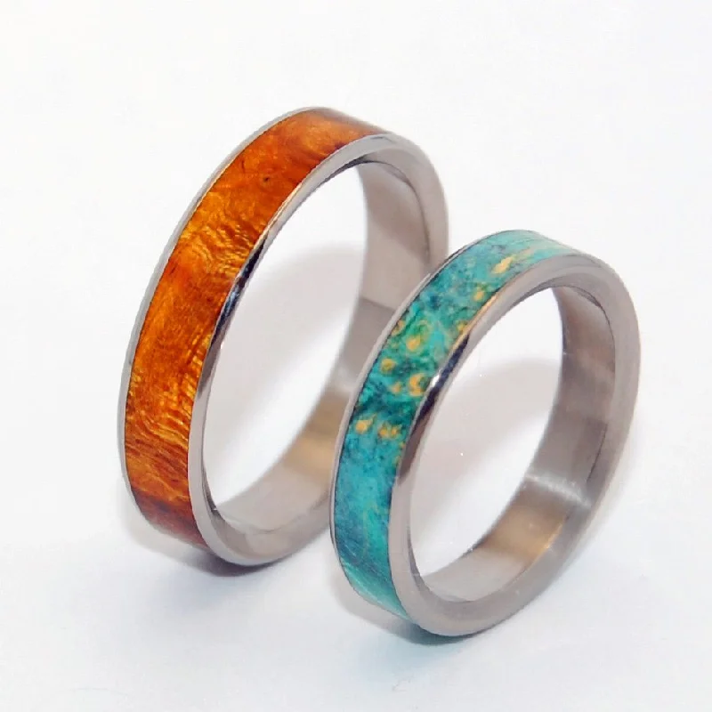 personalized rings with names -2 Hearts 1 Soul |  Desert Ironwood & Blue Box Elder Wood Titanium & Wood Wedding Ring