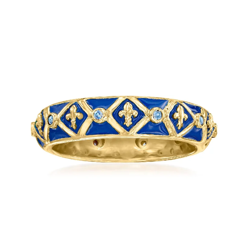 engagement rings with halo design -Ross-Simons Sapphire and Blue Enamel Fleur-De-Lis Eternity Band in 18kt Gold Over Sterling