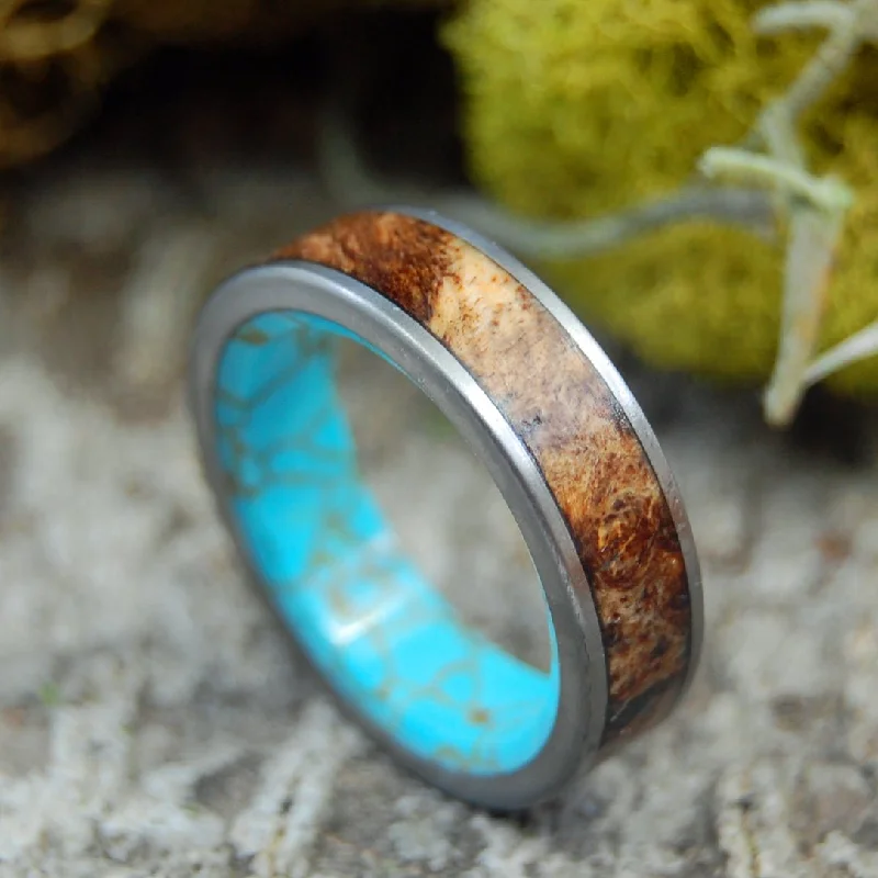 statement rings for women -Flat Conifer | Men's Conifer Wood, Turquoise & Titanium Wedding Ring