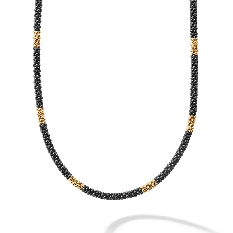 celebrity inspired necklaces -Black Caviar 18K Gold Small Station Ceramic Beaded Necklace | 3mm