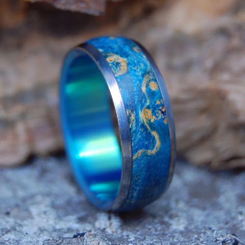 engagement rings for women -Ocean Dome | Men's Blue Box Elder Wood & Titanium Wedding Ring