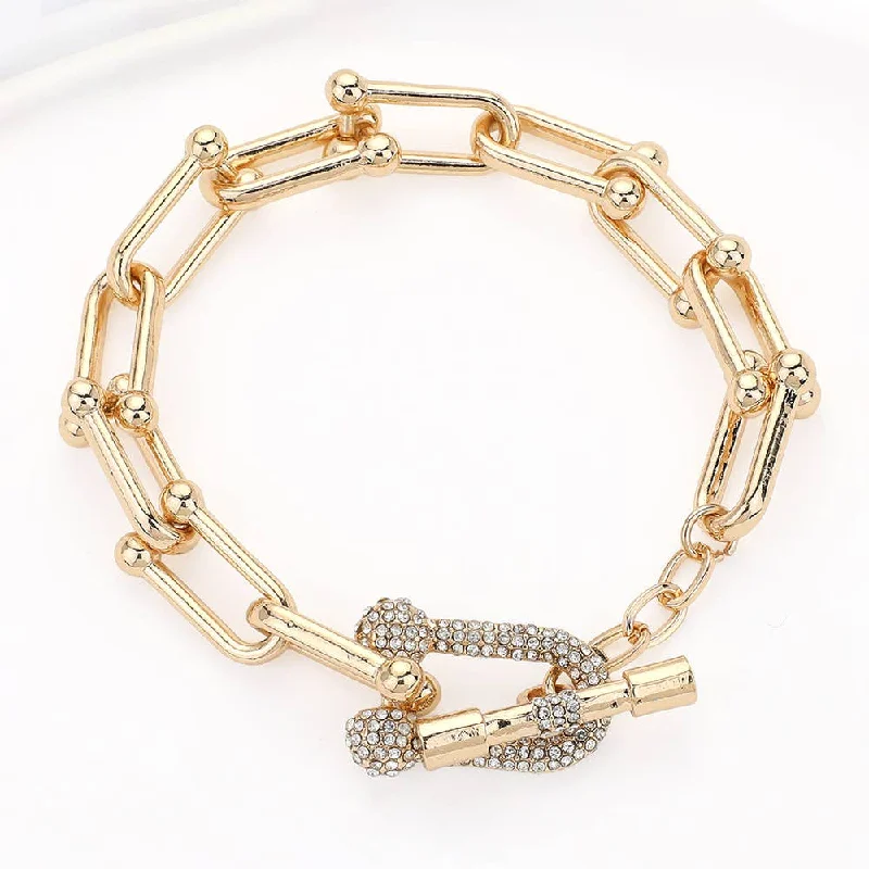 stacked gold bangles -Wona Trading, Inc. - Hardware Link Stone Paved Toggle Bracelet