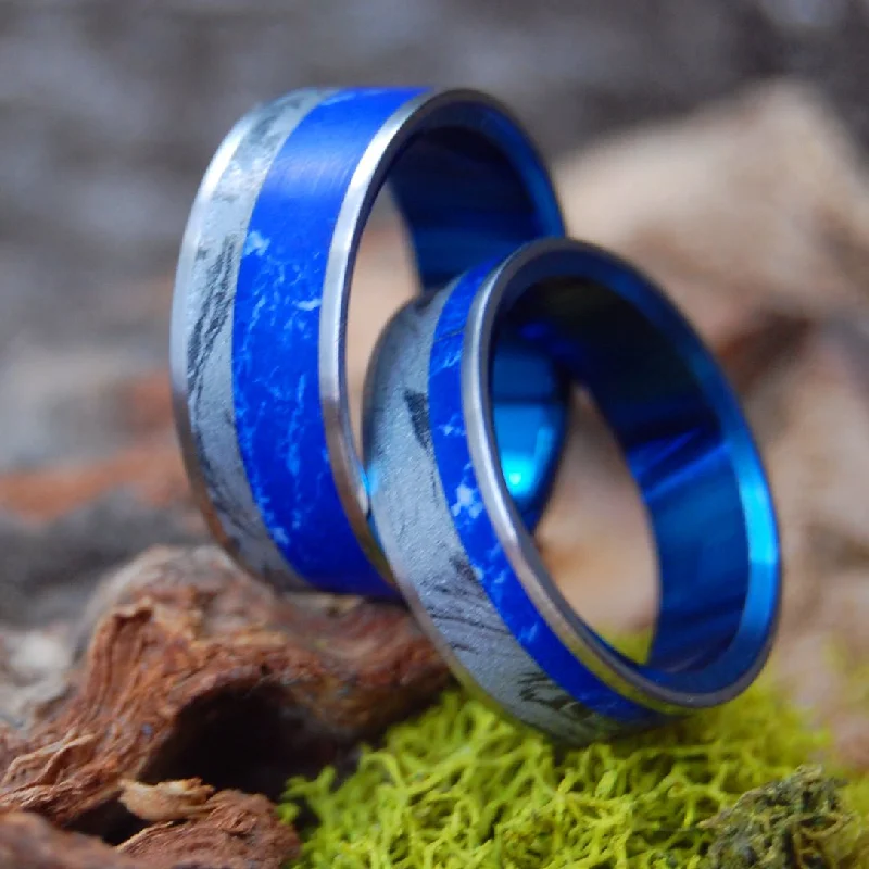 classic gold rings -Sodalite And Silver Burst | Sodalite Stone & Silver Bust M3 - His & Hers Wedding Band Set - Stone Wedding Ring