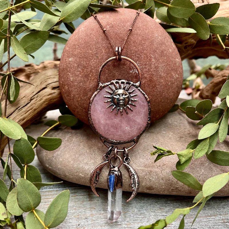 trendy pendant necklaces -Rose Quartz Sun & Moon Necklace - Bronze