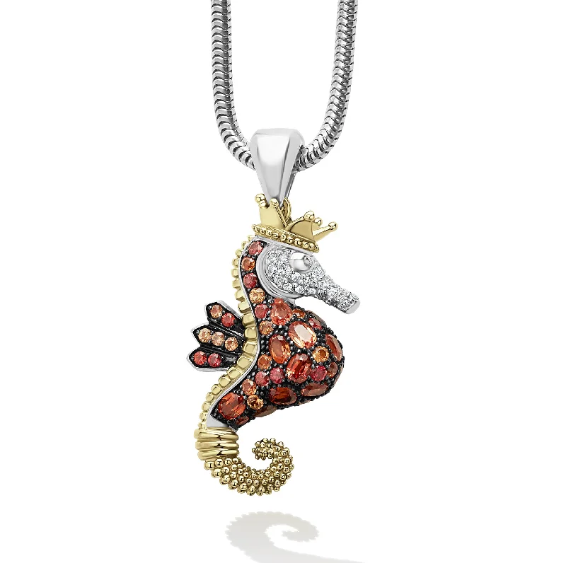 custom birthstone necklaces -Rare Wonders Orange Sapphire and Diamond Seahorse Pendant Necklace