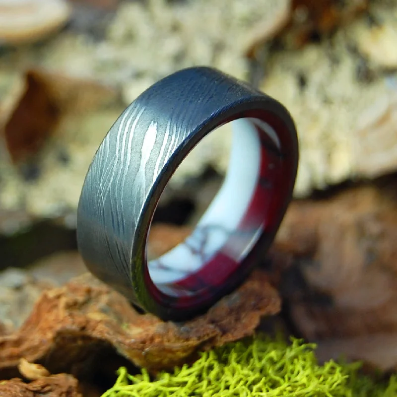 women’s promise rings -Double Stone Damascus | Men's Damascus Steel, Wild Horse Jasper, Bloody Basin Jasper & Titanium Wedding Ring