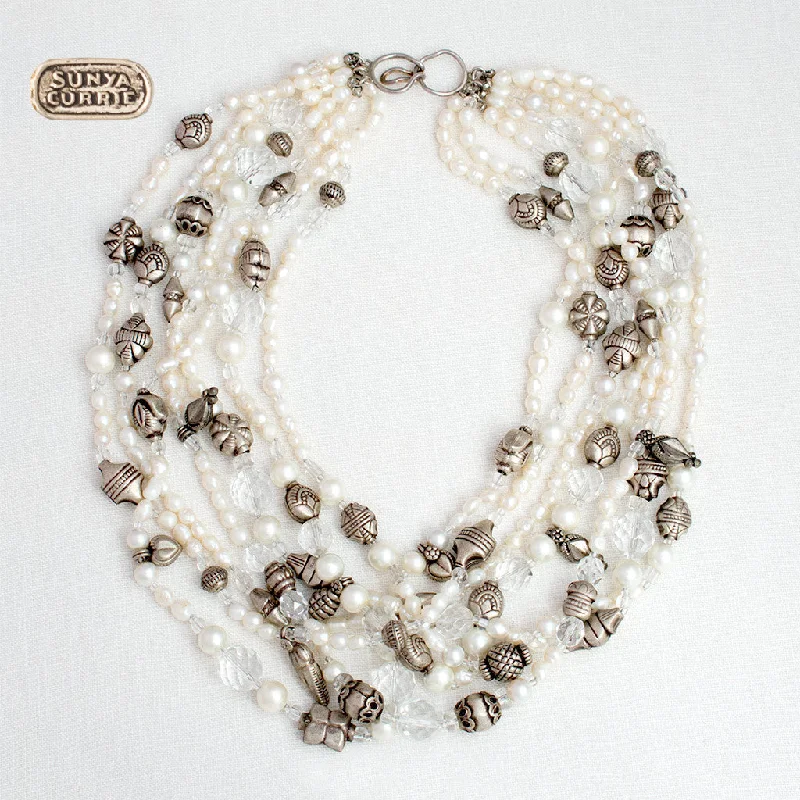 women necklace -Pearl, Crystal, and Antique Silver Choker