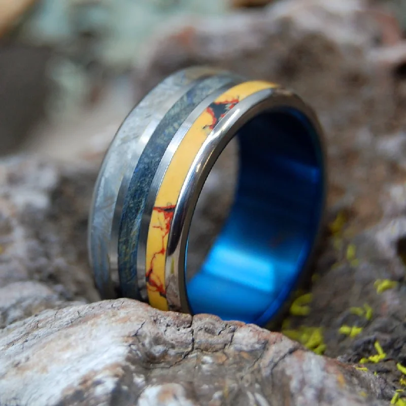 wedding band rings for women -Blue Dino Killer | Men's Dinosaur Bone, Meteorite, & Blue Box Elder Wood & Titanium Wedding Ring