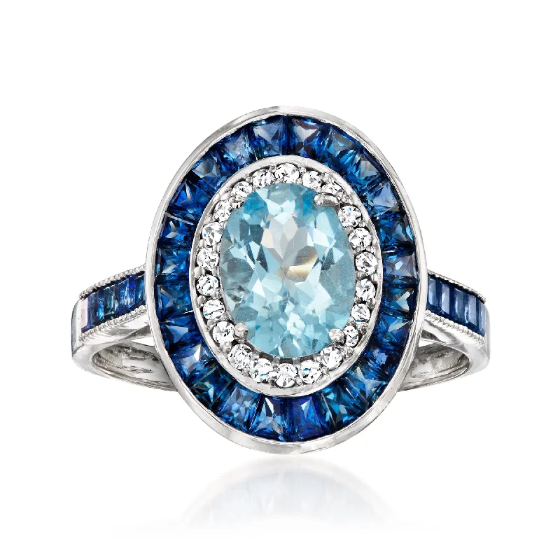 affordable sapphire engagement rings -Ross-Simons Aquamarine and Sapphire Ring With . Diamonds in 14kt White Gold