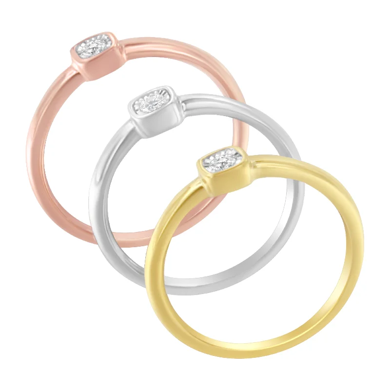 affordable gemstone engagement rings -Tri-Color 14K Gold Plated .925 Sterling Silver 1/6 Carat Diamond Square Cushion-Shaped Miracle Set Petite Fashion Promise Ring Set