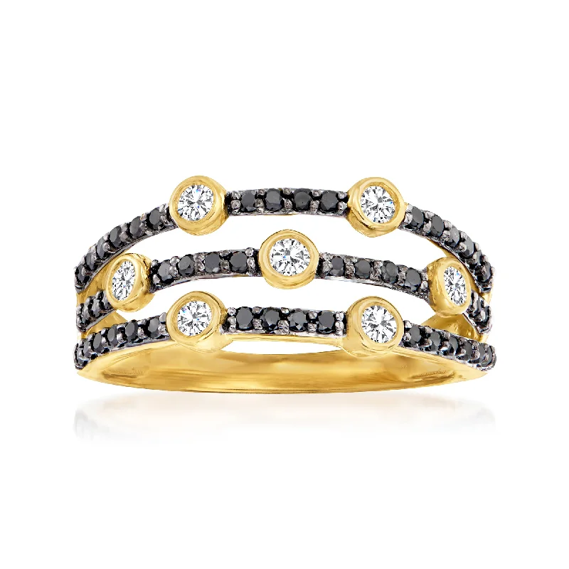 luxury platinum engagement rings -Ross-Simons Black and White Diamond 3-Row Ring in 14kt Yellow Gold