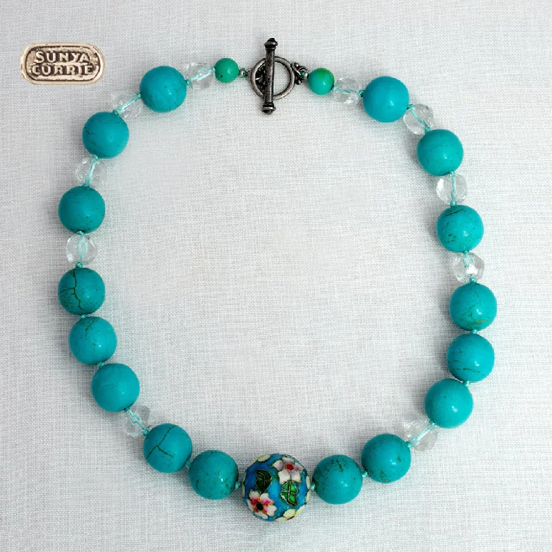 silver necklaces for women -Turquoise,  Cloisonné and vintage Crystal Necklace