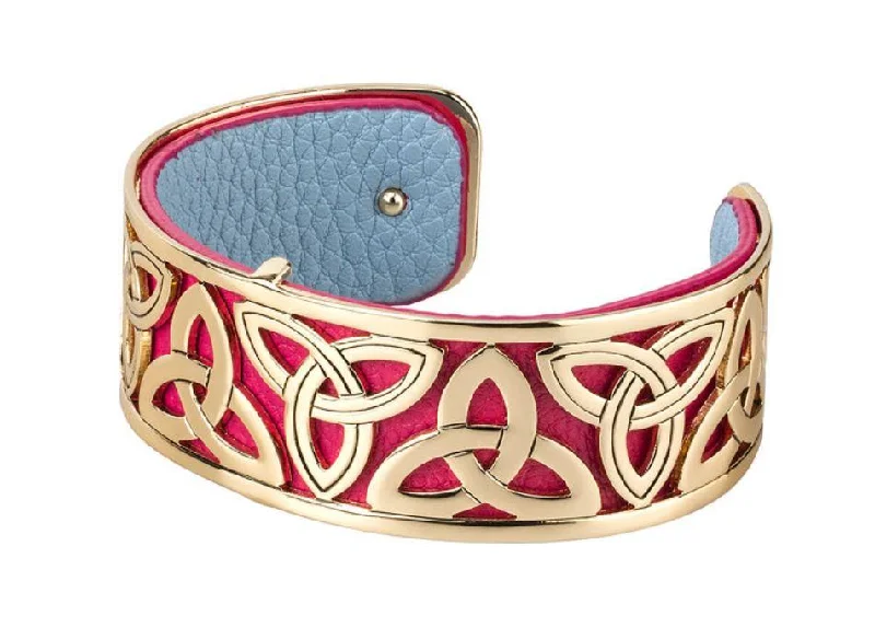 women’s diamond tennis bracelets -Gold Plated Red Leather Trinity Knot Cuff Bangle