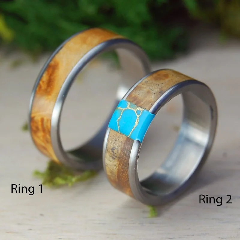 women rings -Brown Box Elder Set | Wood & Tibetan Turquoise - Titanium Wedding Ring Set