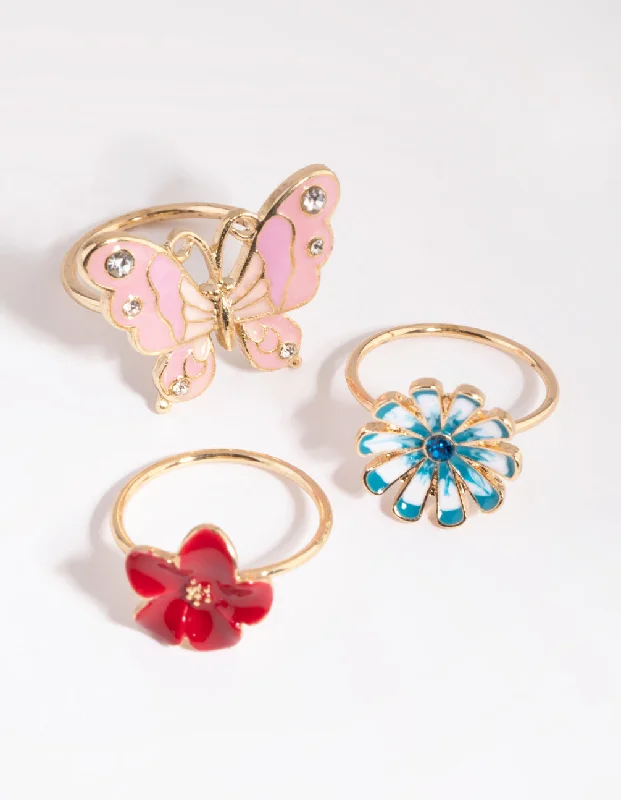 rose gold engagement rings -Gold Butterfly and Flower Ring