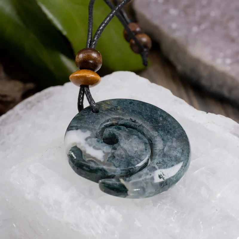 giftable necklaces for her -Moss Agate | Sacred Symbols Spiral Amulet