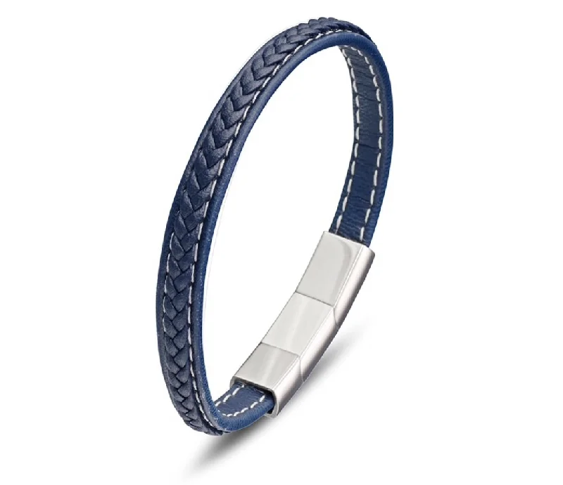 women’s diamond tennis bracelets -Leather & Stainless Steel Men's Bracelet - Navy Braid