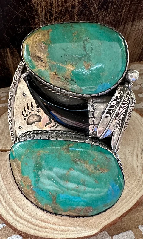 cuff bracelets for women -TWO FEATHERS Sandy Sangster Huge Navajo  Silver and Turquoise Cuff