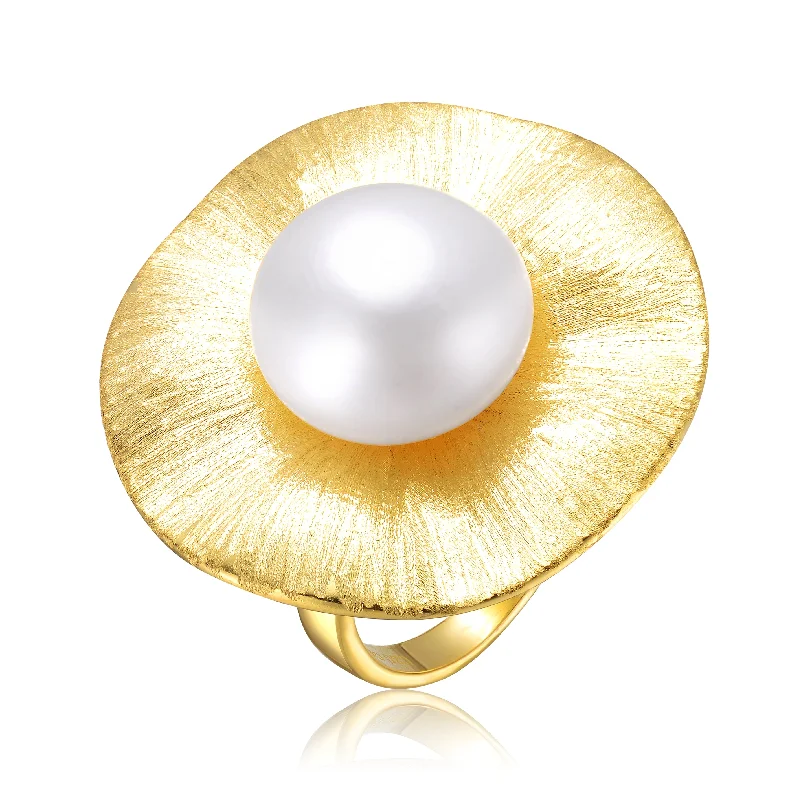 trendy engagement rings -GENEVIVE Sterling Silver Gold Plated with Freshwater Pearl Floral Ring