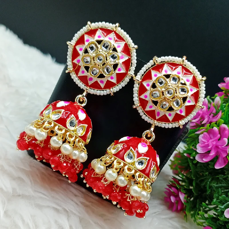 gemstone earrings -Lalso Lifestyle Gold Plated Partywear Big Size Meenakari Kundan Jhumka Earrings