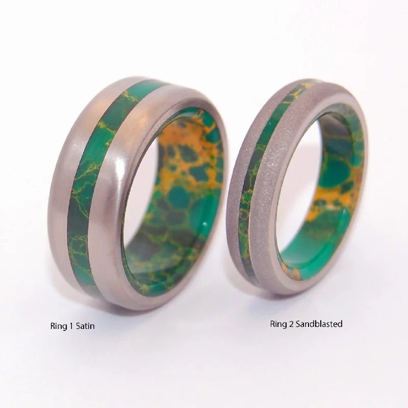 unique rings for women -Bird Of Paradise Satin | Egyptian Jade & Titanium Men's & Women's Wedding Ring Set