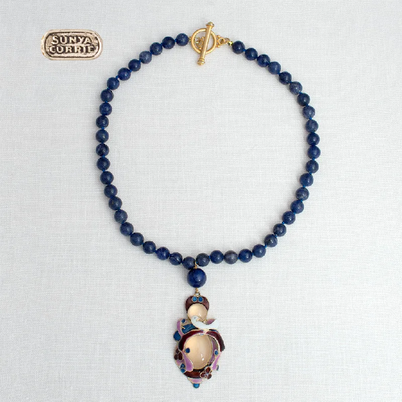 heirloom style necklaces -Enamel Bird Pendant with Lapis Lazuli necklace