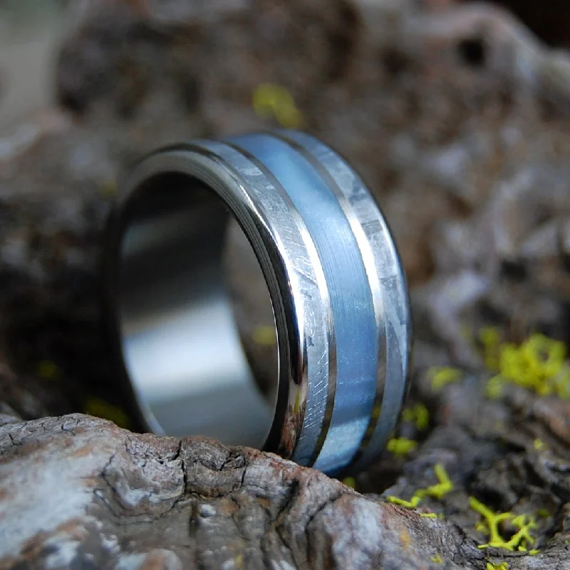 cocktail rings for weddings -On Comet | Men's Meteorite, Gray Pearl Opalescent & Titanium Wedding Ring