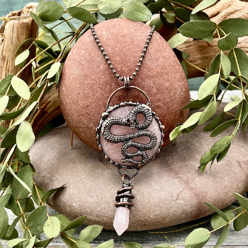 trendy gold chain necklaces -Rose Quartz Snake Necklace - Bronze