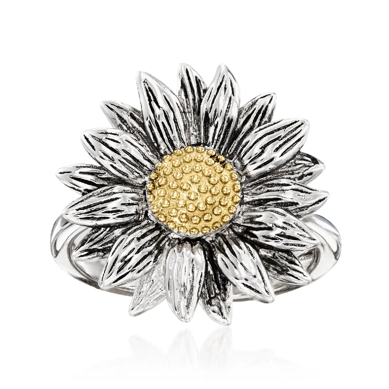 engagement rings with black diamonds -Ross-Simons Sterling Silver and 14kt Yellow Gold Sunflower Ring