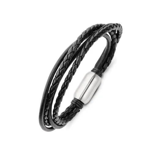 simple silver bracelets -Leather & Stainless Steel Men's Bracelet - Multi Strands