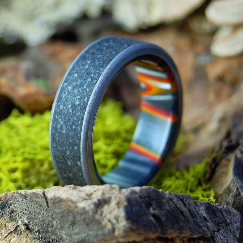 unique rings with gemstones -Icelandic 1973 Lava Eruption | Men's Icelandic Lava, Solar Flare Resin & Titanium Wedding Ring